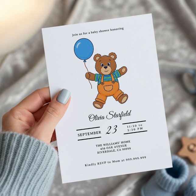 Convite Baby Shower for Boy Blue Balloon, Teddy Bear  (Criador carregado)