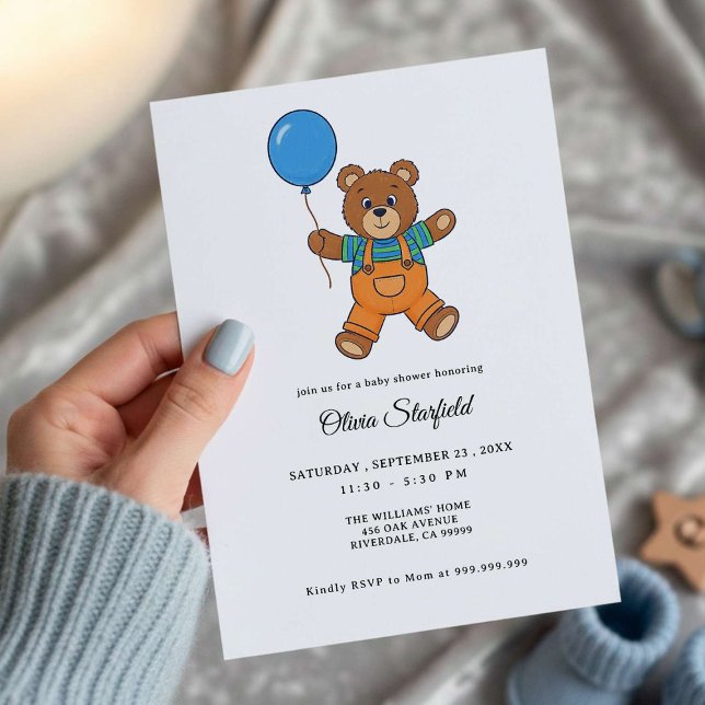 Convite Baby Shower for Boy Blue Balloon Teddy Bear   (Criador carregado)