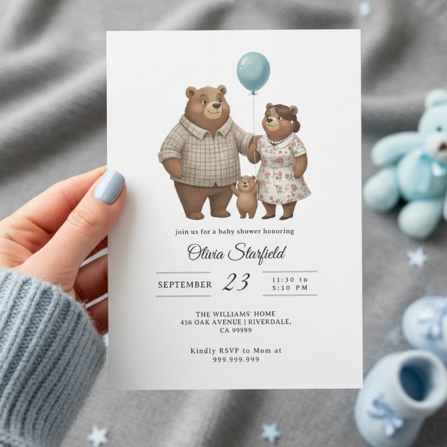 Convite Baby Shower for Boy Blue Balloon, Teddy Bear  (Criador carregado)