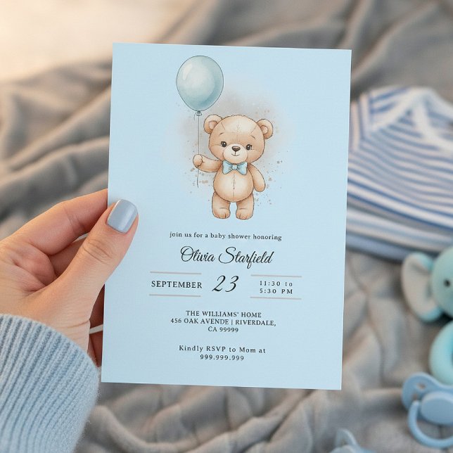 Convite Baby Shower for Boy Blue Balloon, Teddy Bear & Bow (Criador carregado)