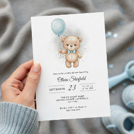 Convite Baby Shower for Boy Blue Balloon, Teddy Bear & Bow