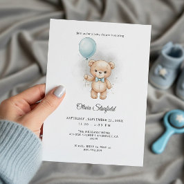 Convite Baby Shower for Boy Blue Balloon, Teddy Bear & Bow