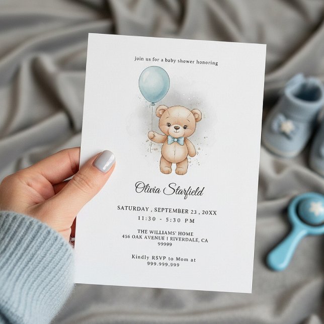Convite Baby Shower for Boy Blue Balloon, Teddy Bear & Bow (Criador carregado)