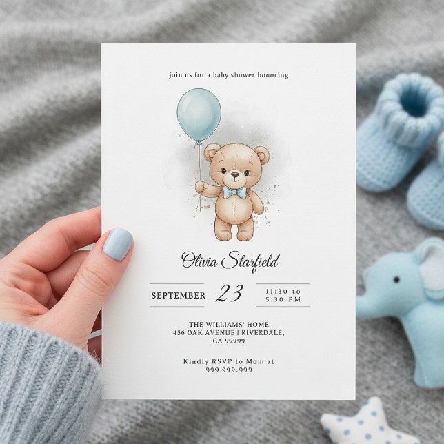 Convite Baby Shower for Boy Blue Balloon, Teddy Bear & Bow (Criador carregado)