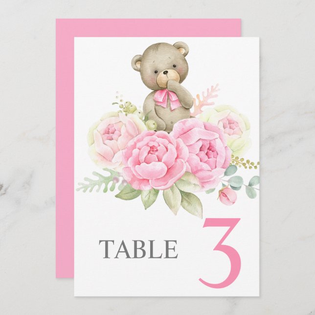 Convite Baby Shower Girl Pink BearTable sign (Frente/Verso)
