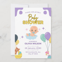 Convite Baby Shower Invitation Blue Minimal Elegant