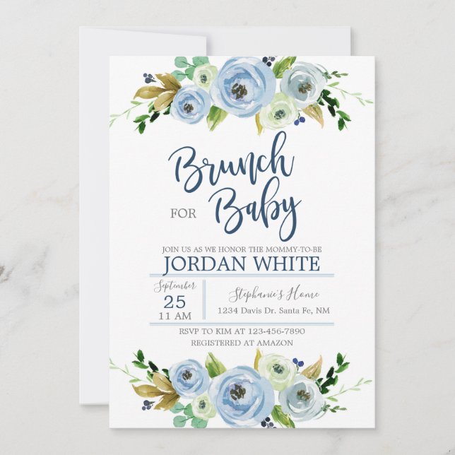 Convite Baby shower invitation boy, blue floral invite (Frente)