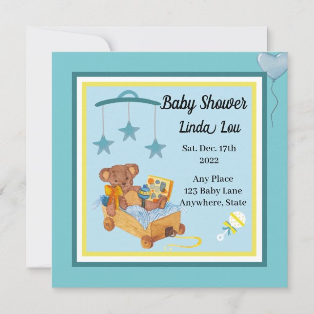 Convite Baby Shower Invitation Boy Teddy Bear Blue  (Frente)