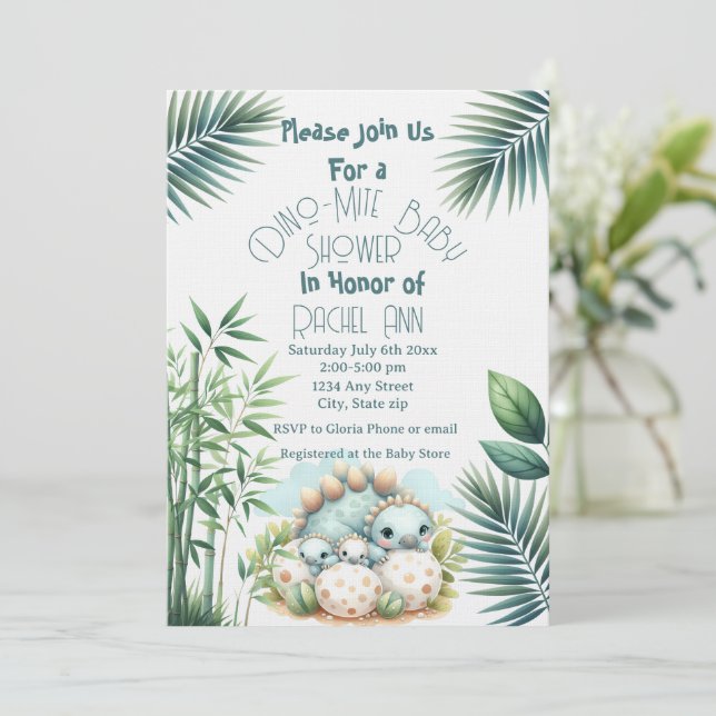 Convite Baby Shower Invitation Dinosaur Dino Mite Party (Em pé/Frente)