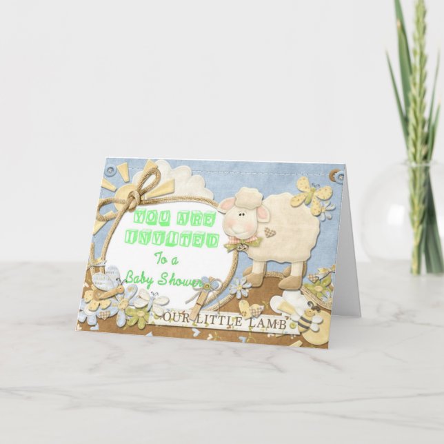 Convite Baby Shower Invitation Green Little Lamb (Frente)