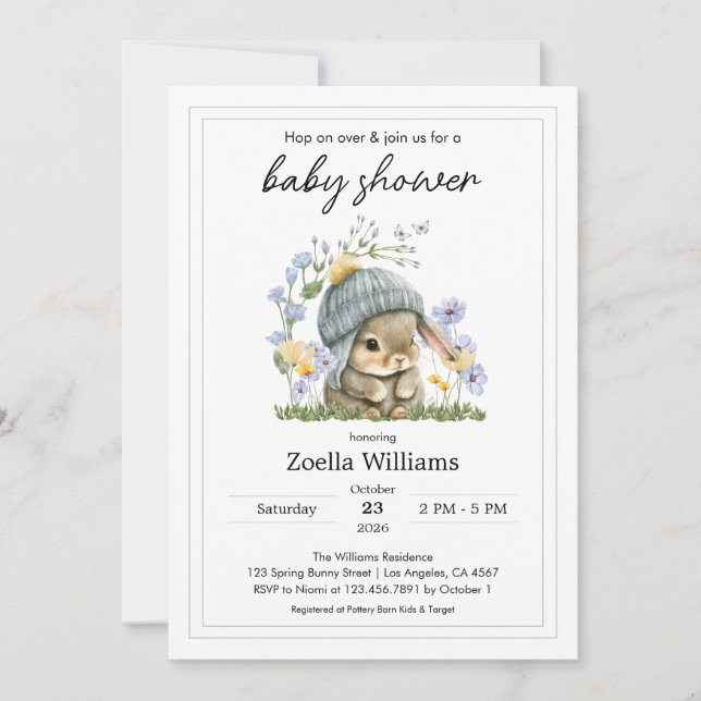 Convite Baby Shower Invitation Simple Flowers Bunny (Frente)