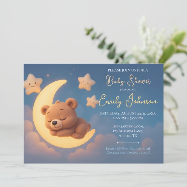 Convite Baby Shower Invitation – Teddy Bear on the Moon (Em pé/Frente)