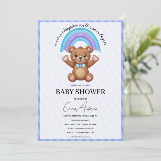 Convite Baby Shower Invitation Teddy Bear Rainbow Cute Neu (Em pé/Frente)