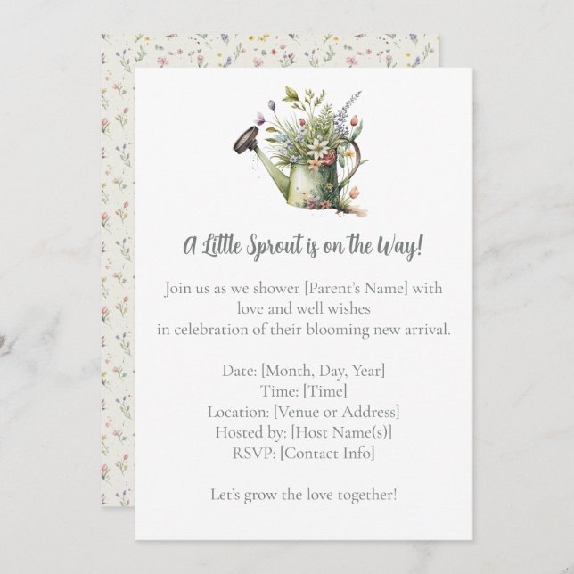 Convite Baby Shower Invitation – Watercolor Garden Sprout (Frente/Verso)