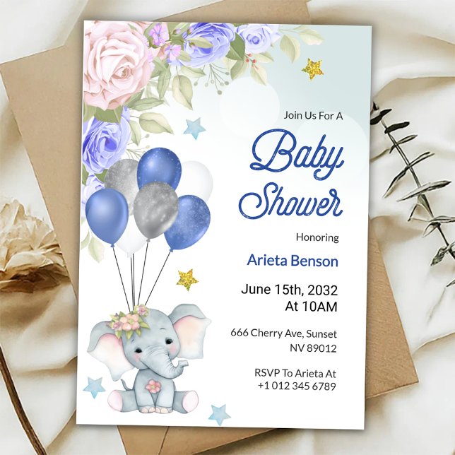 Convite Baby shower invitation with a cute elephant  (Criador carregado)