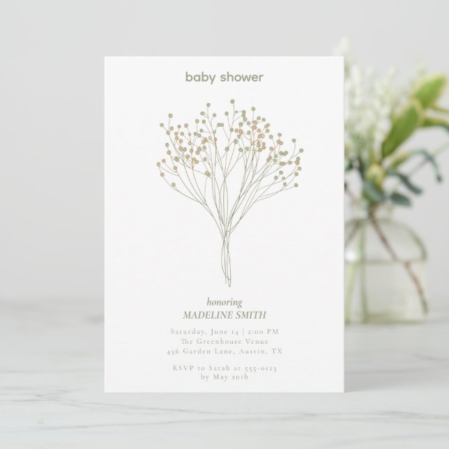 Convite Baby Shower Invitation with Delicate Floral Art (Em pé/Frente)