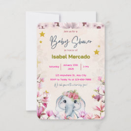 Convite Baby Shower Invitation with Floral Elephant.