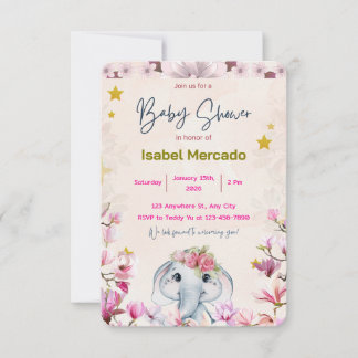 Convite Baby Shower Invitation with Floral Elephant.