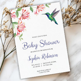 Convite baby shower invitation with pink flowers and bird