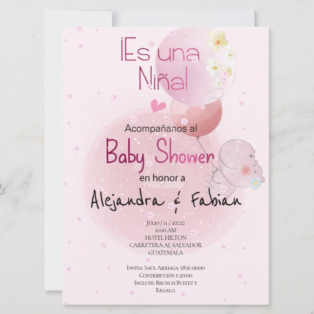 CONVITE BABY SHOWER LINDO HIPO. PARA BEBÉ NIÑA (Frente)