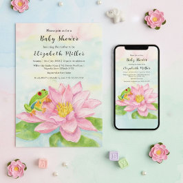 Convite Baby Shower Pink Waterlily & Tree Frog