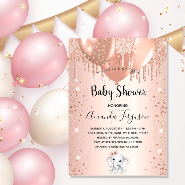 Convite Baby Shower rose gold glitter elephant balloons (Criador carregado)