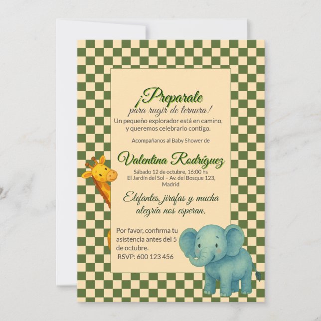 Convite Baby Shower Safari Editable Chess pattern Elefante (Frente)