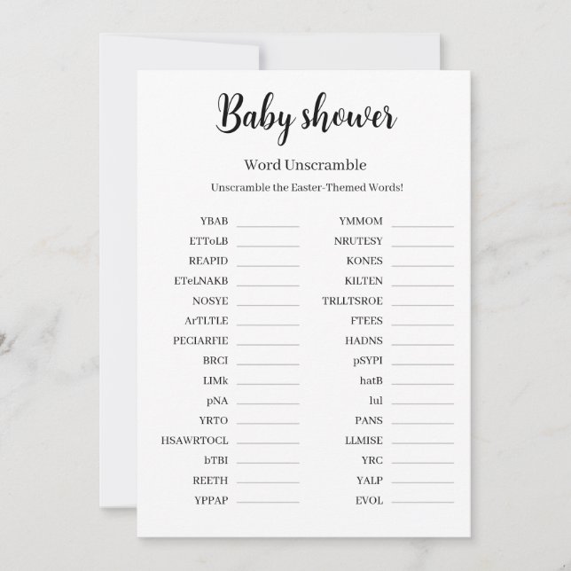Convite Baby Shower Word Unscramble Game, Printable  (Frente)
