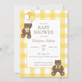 Convite Baby Shower Yellow and White Plaid Teddy Bears