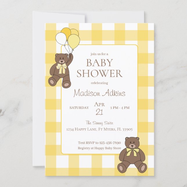 Convite Baby Shower Yellow and White Plaid Teddy Bears (Frente)