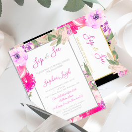 Convite Baby Sip and See Floral Roses Gold Pink