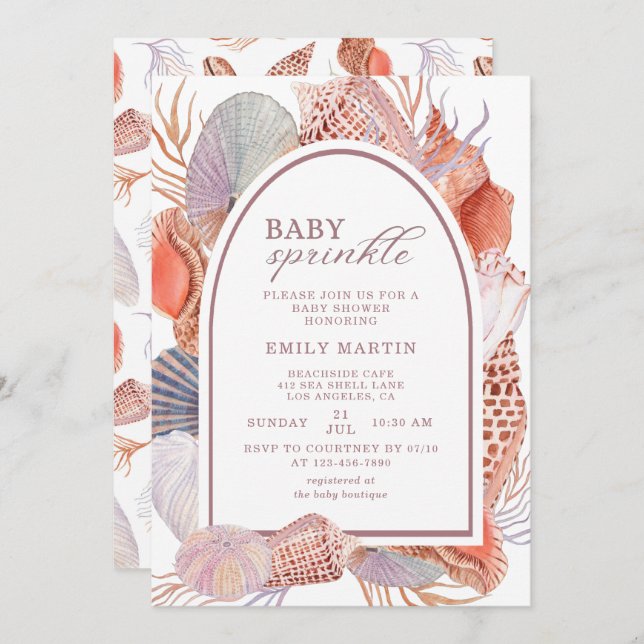 Convite Baby Sprinkle Beach Seashells Chá de fraldas (Frente/Verso)