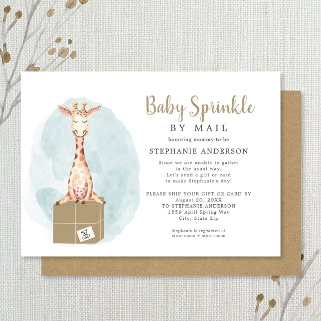 Convite Baby Sprinkle by Mail - girafa neutra + caixa (Criador carregado)