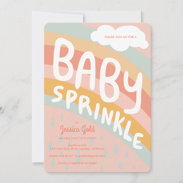 Convite BABY SPRINKLE Cute Clouts Rainbow Rain Personaliza (Frente)