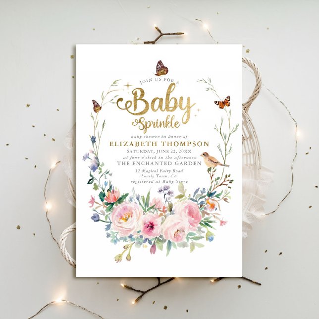 Convite Baby Sprinkle Flores Selvagens Chá de fraldas de B (baby sprinkle baby shower invitation enchanted garden woodland forest spring summer wildflowers)