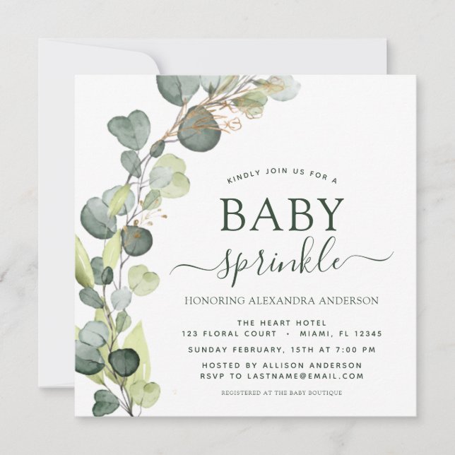 Convite Baby Sprinkle Greenery Eucalyptus Succulent (Frente)