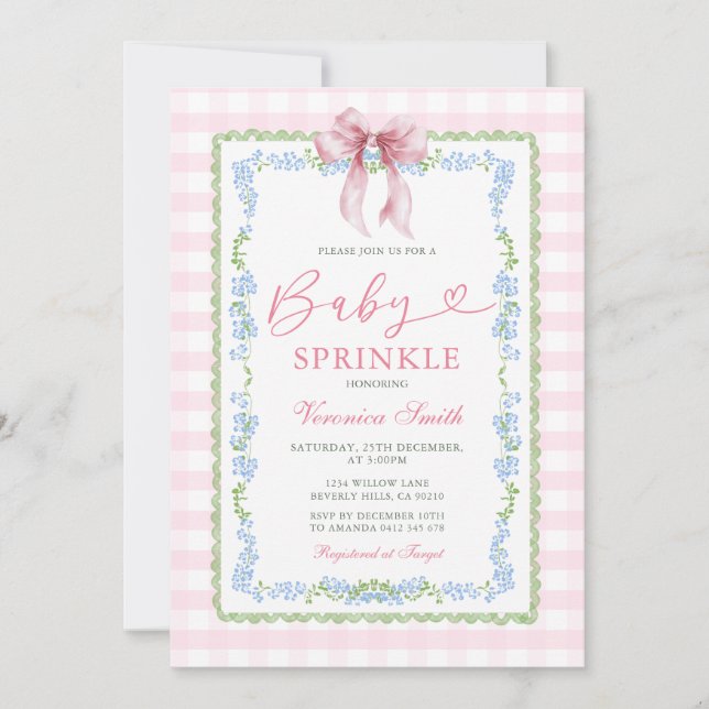 Convite Baby Sprinkle Invitation Pink Gingham Floral Bow (Frente)