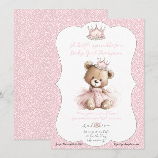 Convite Baby Sprinkle Invitation Teddy Bear Princess (Frente/Verso)