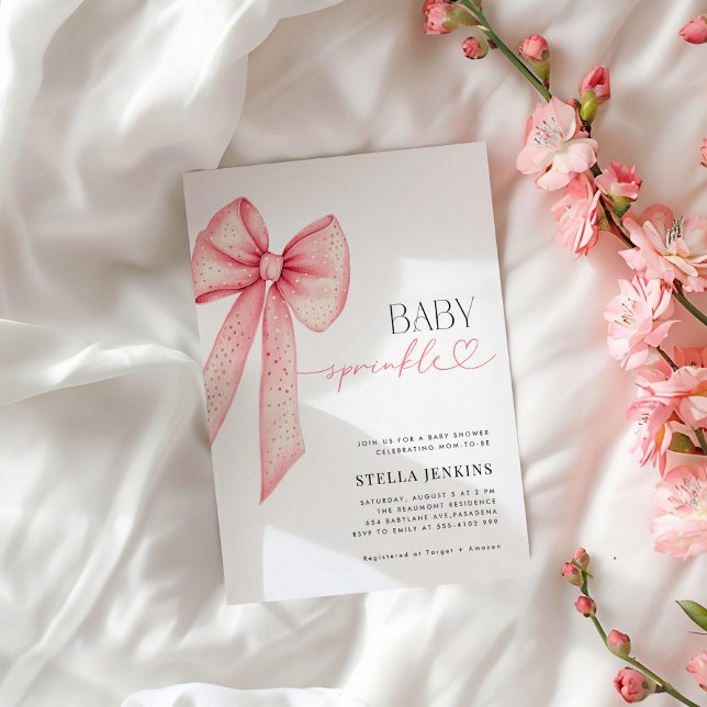 Convite Baby Sprinkle Pink Bow Baby Shower Invitation (Criador carregado)