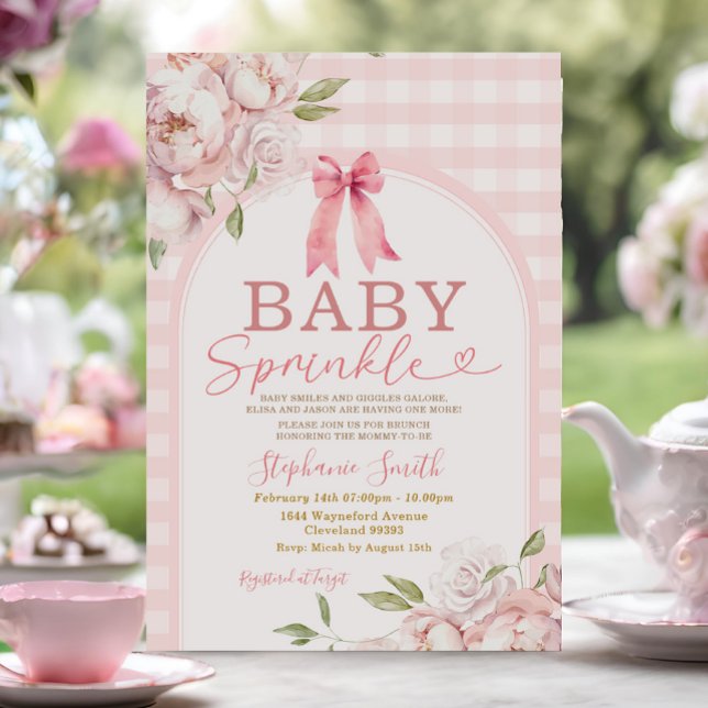 Convite Baby Sprinkle Pink Gingham Floral Arch Chá de fral (Criador carregado)