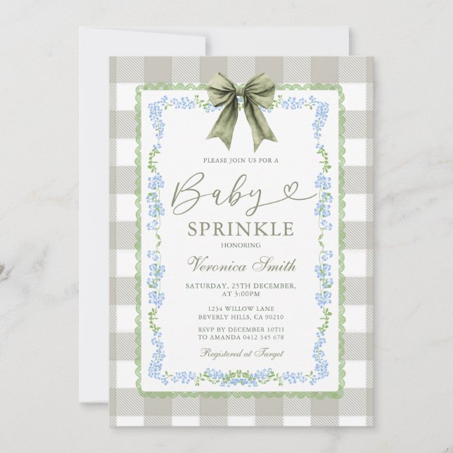 Convite Baby Sprinkle Sage Gingham Floral Bow Invitation  (Frente)