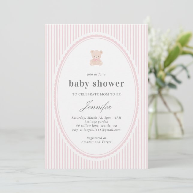 Convite Baby Teddy bear Baby shower Invitation_Pink  (Em pé/Frente)