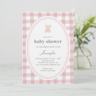 Convite Baby Teddy bear Baby shower Pink Gingham