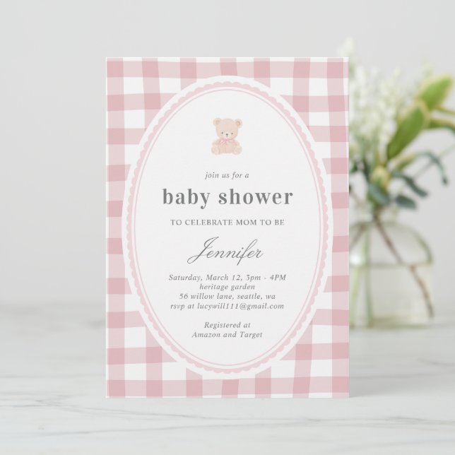 Convite Baby Teddy bear Baby shower Pink Gingham (Em pé/Frente)