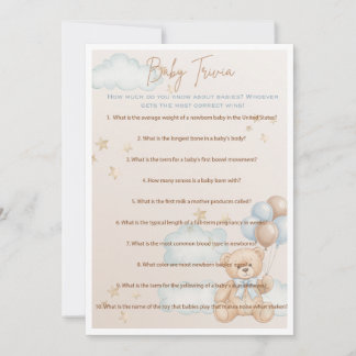 Convite Baby Trivia Game for Boy Chá de fraldas, Teddy Bea