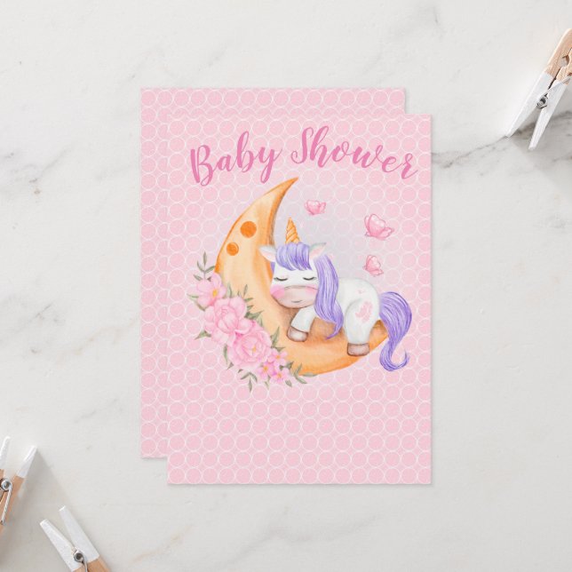 Convite Baby Unicorn Over The Moon with Flowers (Frente/Verso In Situ)
