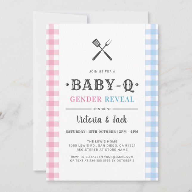 Convite BabyQ Gender Reveal Gingham CHURRASCO (Frente)