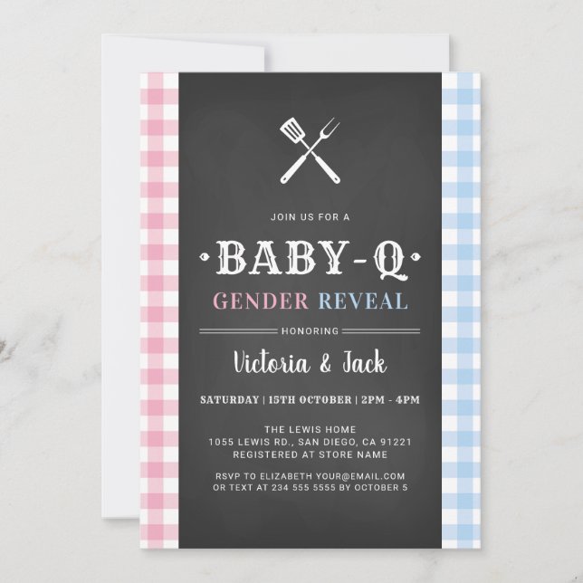 Convite BabyQ Gender Reveal Gingham CHURRASCO Black (Frente)