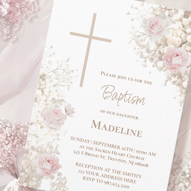 Convite Baby's Breath and pink roses Baptism (Criador carregado)