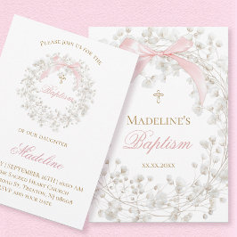 Convite baby's breath flowers pink bow Baptism